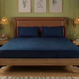 Bedbathandbliss Navy Blue Satin 300 TC Super King Bedsheet Set 2.74 m x 2.74 m-picture-35