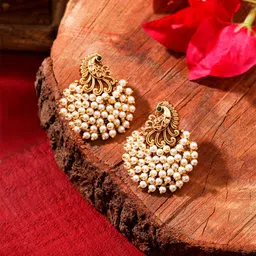 Yellow Chimes Gold-Plated Pearls Peacock Shaped Contemporary Chandbalis Earrings-picture-29