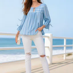 CORSICA Striped Tie-Up Neck Flared Sleeve Crepe Top image 5