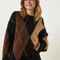 Happiness istanbul Women Siyah Kahverengi Argyle Pullover Sweaters image 4
