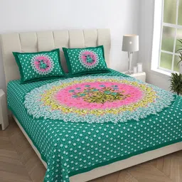 HOMELINE Green & Pink Floral Printed Cotton 144 TC King Bedsheet Set 2.286 m x 2.621m-image-23