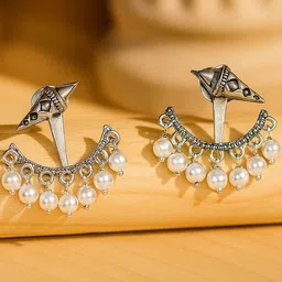 ZEVAR CLUB Oxidised Silver-Plated Statement Stud Earrings with White Pearl Crescent Drop-picture-17