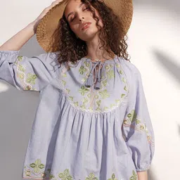 Vara By Vishudh Women Ethnic Motifs Embroidered Raglan Sleeves Tie-Up Neck Cotton Top-picture-54
