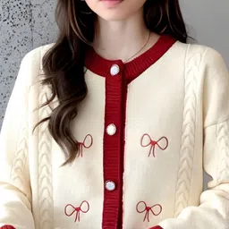 HERE&NOW Women Off White Collarless Long Sleeves Printed Polyester Open Front Jacket image 3