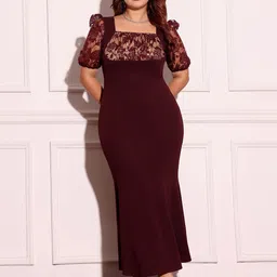 Miss Chase A+ Plus Size Floral Self-Design Lace Insert Detail Puff Sleeves Sheath Maxi Dress image 2