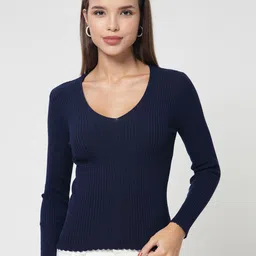 Kalt Women Ribbed V-Neck Pullover-picture-4