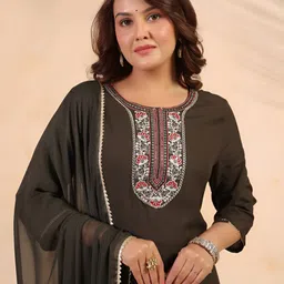 Anouk Rustic Women Ethnic Motifs Embroidered Cotton Kurta with Trousers & Dupatta image 3