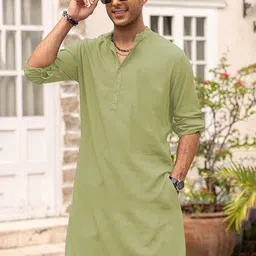 Anouk Green Band Collar Roll-Up Sleeve Straight Kurta image 2