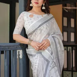 ALMAARI FASHION Ethnic Motifs Printed Pure Linen Banarasi Saree image 5