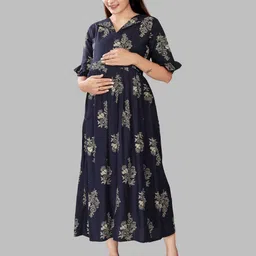 B2F Manufacturing & Designing Kurti Floral Print Puff Sleeve Maternity Fit & Flare Midi Dress image 2
