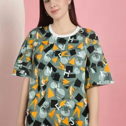 MACK JONNEY Women Geometric Printed Round Neck Cotton Oversized T-shirt-picture-32