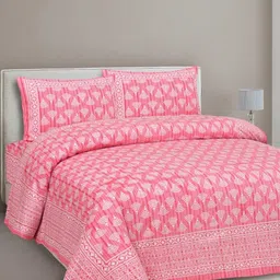 CLOTHOLOGY Pink & White Ethnic Motifs 180 TC King Bedsheet with 2 Pillow Covers image 1