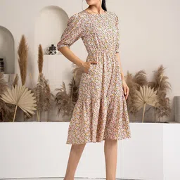 AASK Floral Printed Puff Sleeve Fit & Flare Dress with Belt image 3