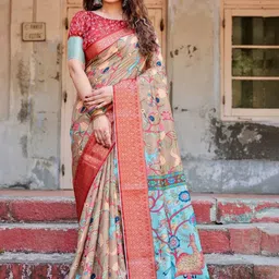 ALMAARI FASHION Floral Printed Jamdani Saree With Tassel Accents & Blouse-image-29