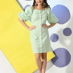DressBerry Checked Puff Sleeve Bodycon Dress-image-4