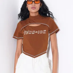 People Women High Neck Printed Cotton Crop Top-image-84