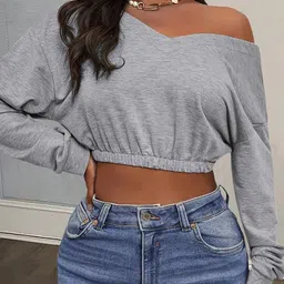 Outzidr Women Solid V Neck Crop Sweatshirt-picture-24