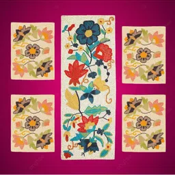 YWULY White & Red 5 Pieces Floral Embellished Table Linen Set image 5