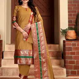 Vastukala Ethnic Motifs Round Neck Pure Cotton Straight Kurta With Trousers & Dupatta-picture-41