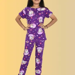Ninos Dreams Girls Printed Short Sleeves Pure Cotton Night suit-image-8