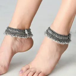 JOHARKAMAL Silver-Plated Oxidised Anklets image 2