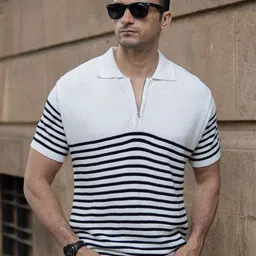 Powerlook Men Striped Polo Collar Cotton T-shirt image 1