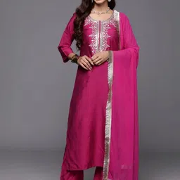 AG TEXTILE Women Ethnic Motifs Embroidered Regular Thread Work Kurta with Trousers & With Dupatta image 2