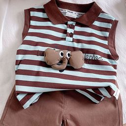 FOREVER FRIDAY Girls Striped Polo Collar Pure Cotton T-shirt with Shorts-picture-30