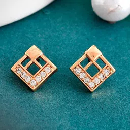 NAMAN ARTS Rose Gold-Plated Artificial Stones Studded Square Shaped Studs-image-64