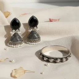 Navya Collection Silver-Plated Artificial Stones Studded and Beaded Dome Shaped Jhumkas-picture-10