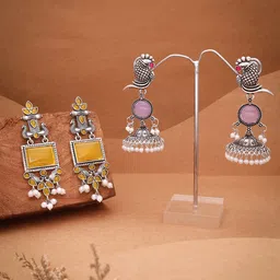 Sangria Set Of 2 Silver-Plated Stone Studded & Beaded Oxidised Contemporary Drop Earrings-picture-24