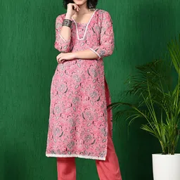 Sangria Printed V-Neck Straight Kurta With Trouser image 1
