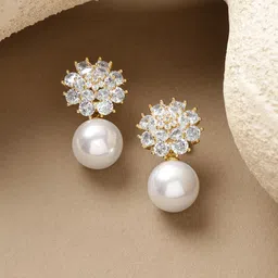 Rubans 18K Gold Plated Cubic Zirconia Studded & Pearls Beaded Floral Shaped Drop Earrings-image-78