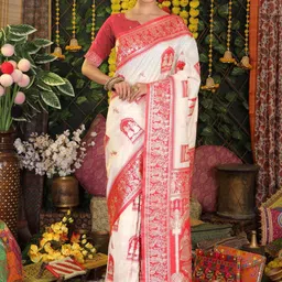 HERE&NOW Ethnic Motifs Zari Silk Blend Handloom Banarasi Saree-picture-26