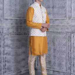 Ethluxis Mandarin Collar Jacquard Weave Kurta with Churidar & Embroidered Nehru Jacket image 3