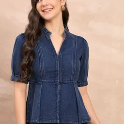 all about you Mandarin Collar Puff Sleeve Cotton Denim Peplum Top-image-75