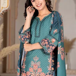 GULMEHAK Floral Printed Notch Neck Chanderi Silk Straight Kurta & Trousers With Dupatta image 4