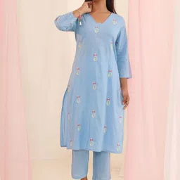 MISRI Women Floral Embroidered Regular Pure Cotton Kurta with Trousers-image-42