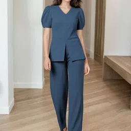 SZN Women Blue Solid Polyester Puff Sleeve Top & Trousers Co-Ords-image-49