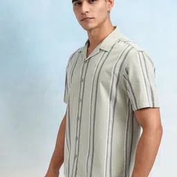 HIGHLANDER Men Cuban Collar Vertical Striped Cotton Relaxed Fit Casual Shirt image 5