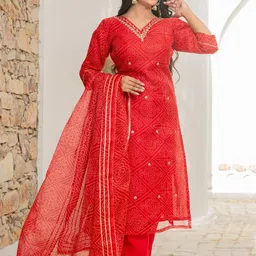 GoSriKi Women Bandhani Printed Kurta with Trousers & Dupatta image 2