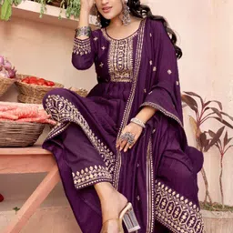 Sangria Embroidered Round Neck Anarkali Kurta With Trouser & Dupatta image 2
