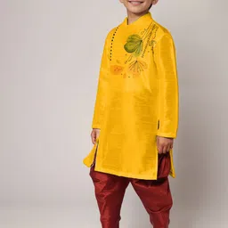 DEVOILER Boys Floral Printed Mandarin Collar Dupion Silk Straight Kurta image 4