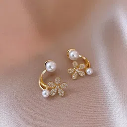 PolluxCraft Korean Gold-Plated Zircon And Pearls Studded Floral Shaped Studs-image-24