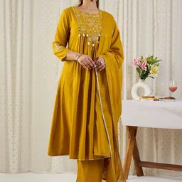Indo Era Ethnic Motifs Embroidered Thread Work Pure Cotton Kurta With Trousers & Dupatta-picture-29