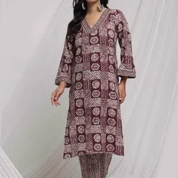 Anouk Women Printed Regular Kantha Work Pure Cotton Kurta with Trousers image 1