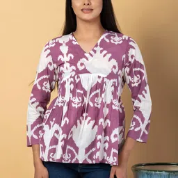 CORSICA Mauve And White Cotton Peplum Top-image-49