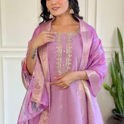 KALINI Gotta Patti Round Neck Straight Kurta With Trousers And Dupatta image 2
