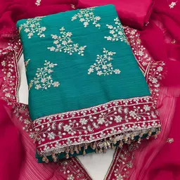 BlissFlair Floral Embroidered Sequinned Georgette Unstitched Dress Material image 3