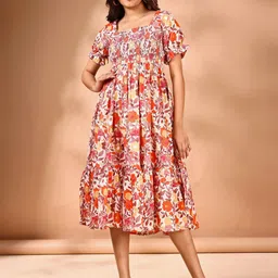 STARWORD Floral Print Puff Sleeve Smocked Cotton Fit & Flare Dress-picture-43